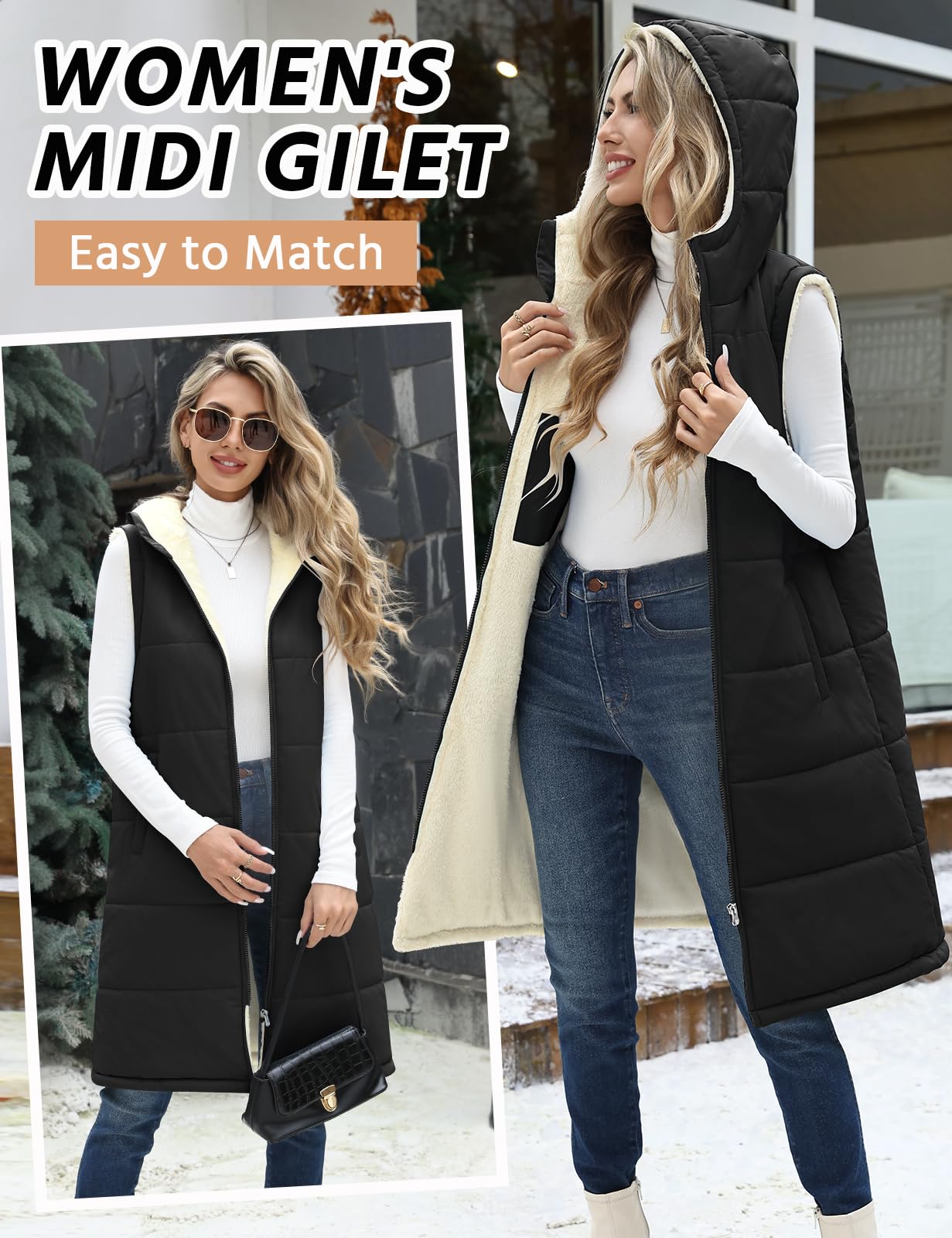 Vancavoo Chaleco Acolchado Mujer con Capucha Chaqueta sin Mangas Abrigo Plumas Largo Invierno Cálidos Chaleco de Forro Polar Outwear