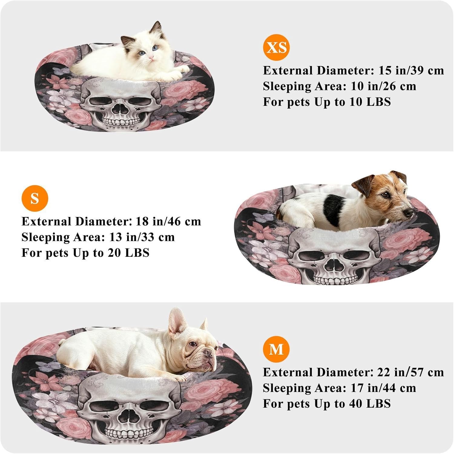 Dog Bed Ultra Soft Fluffy Comfortable Cat Bed, Flowers Skull Washable Dog Beds Anti-Slip Round Pet Beds for Medium Dogs
