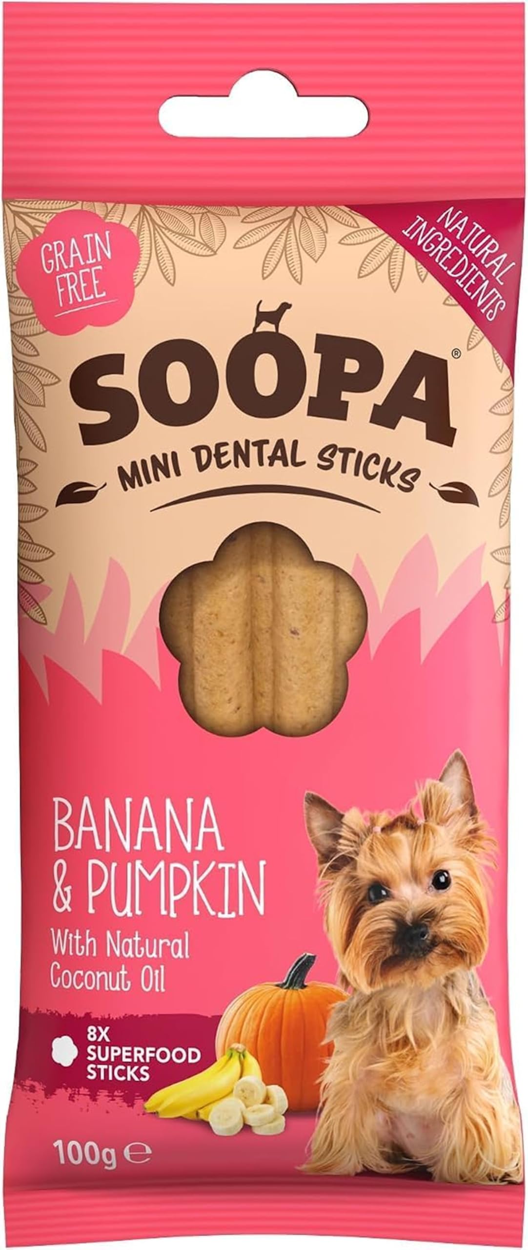Soopa Banana & Pumpkin Mini Dog Dental Sticks, Human-Grade, 100 g, 1-Pack | Vegan, Small Dog Dental Chews to Clean Teeth, Breath Freshener, Aid Digestion, Natural, Superfood, Grain Free Dog Treats