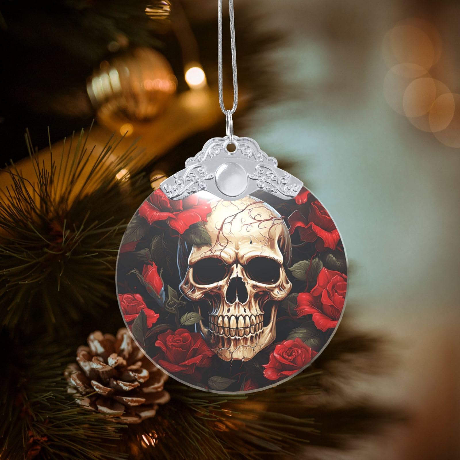 Crystal Christmas Ornaments for Christmas Tree Decoration Hanging Skull Rose-Red Ornament with Gold Ribbon Crafts Round Pendant for Keepsake Gifts Glass Xmas Decor Party Supplies