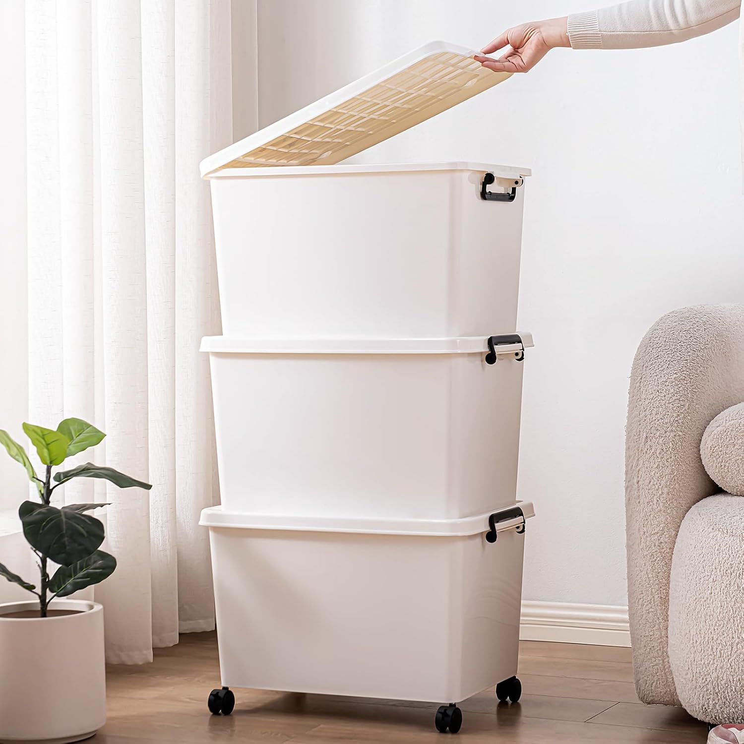 Large Stackable Plastic Storage Bins with Wheels, 3-Pack 60 Quart White Thickened Latching Lid Containers with Lockable 360° Casters for Home, Office, Bathroom, and Dorm Organization