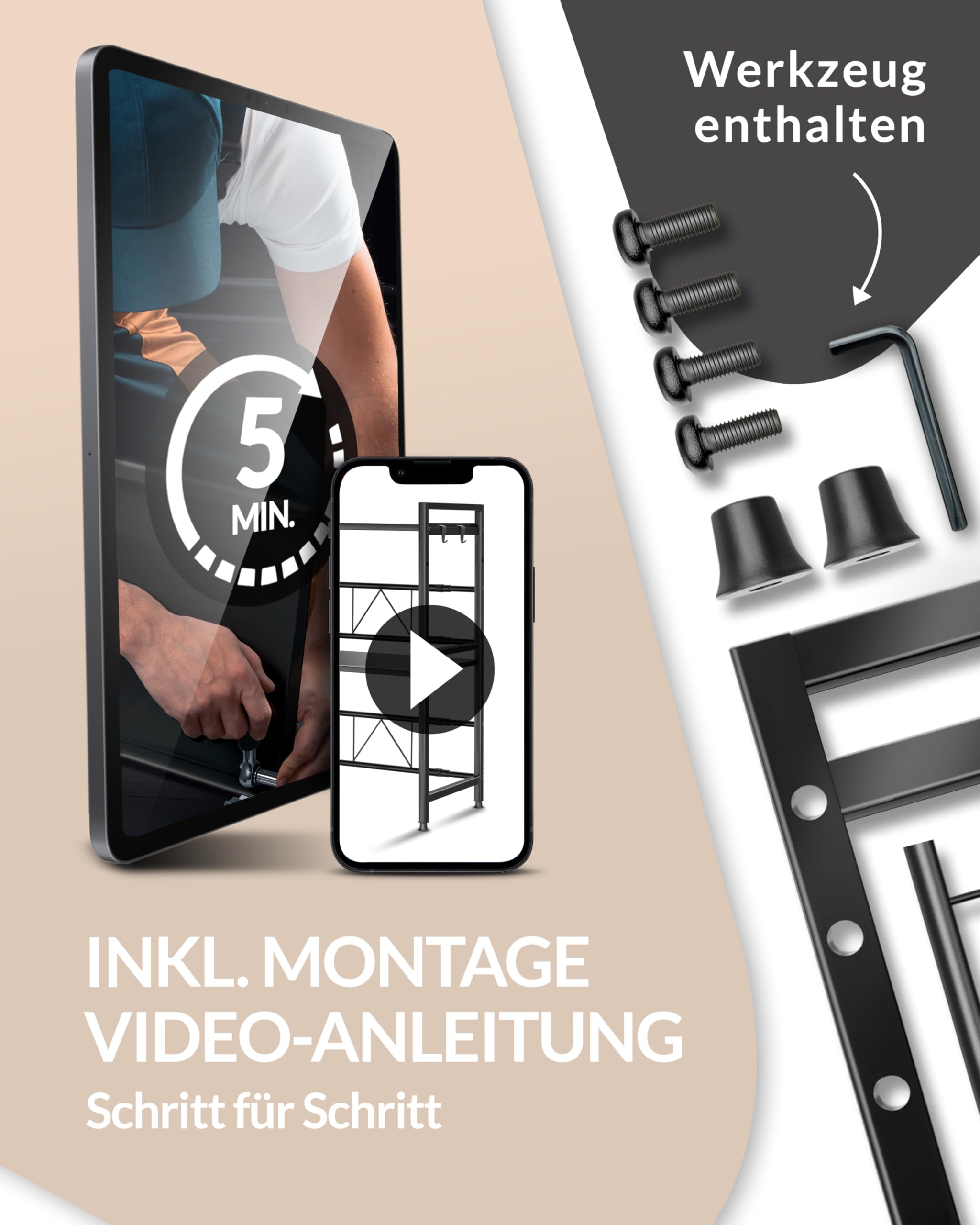 Heldenwunder Mikrowellenregal Küchenregal stehend Stahl (3-stufig) | Mikrowellen Regal Mikrowellenschrank | Vorratsregal Bäckerregal höhen & längenverstellbare Ablage + Videoanleitung, Haken - Schwarz