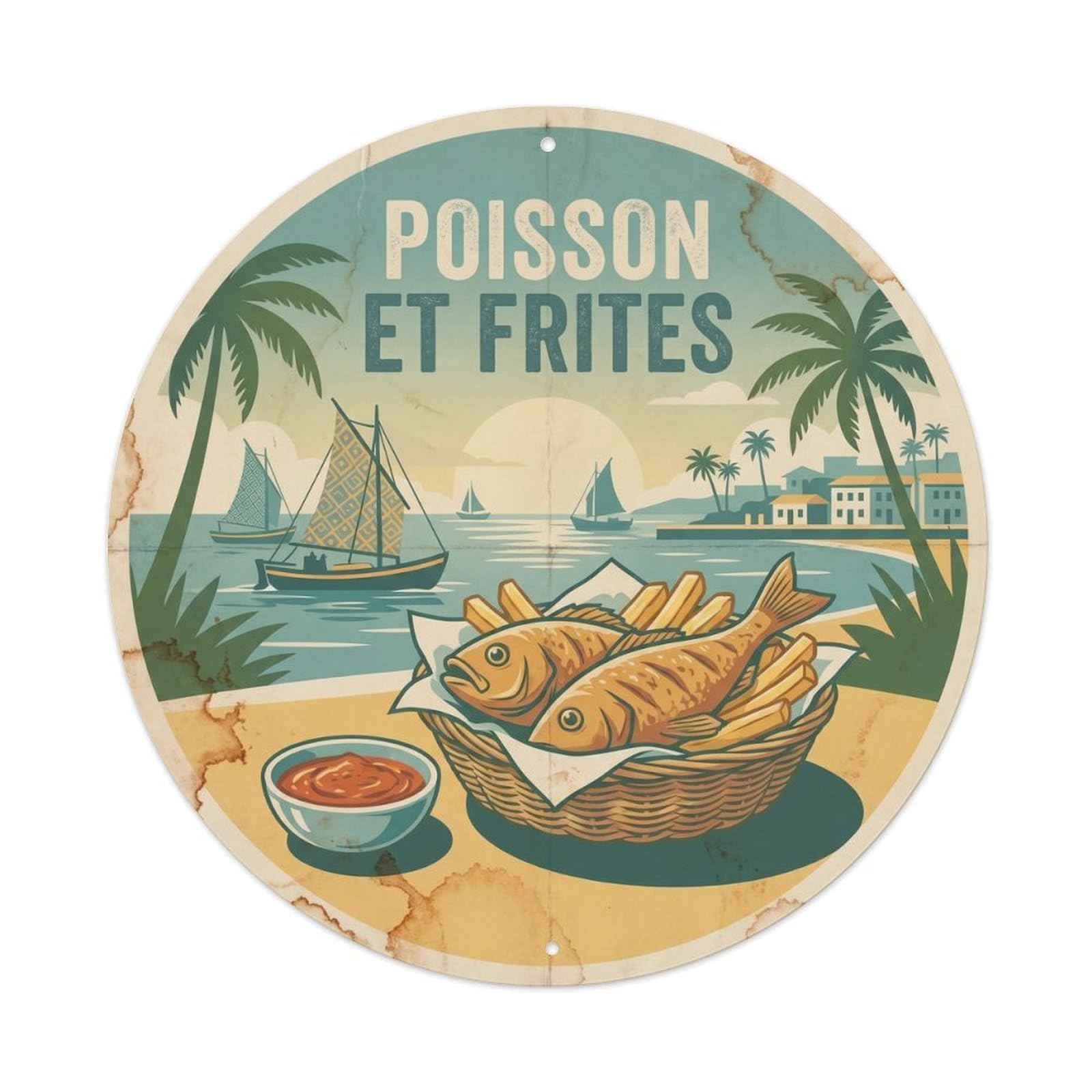 Gabon Seaside Fish Chips Heritage Culture Vintage Metal Tin Sign Plaque Wall Decor for Cafe, Club Bar, Office, Garden Metal Poster 8x8Inch