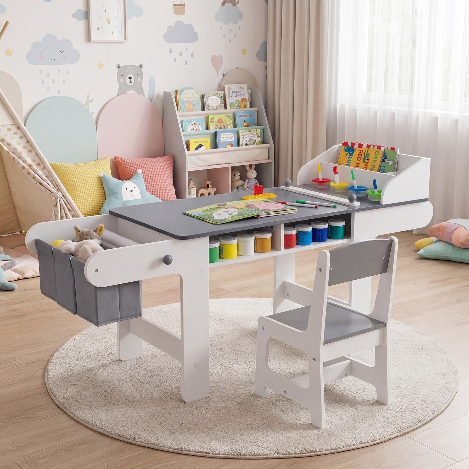 LIFEZEAL Kindertisch mit Stuhl, Kindersitzgruppe für Kleinkinder | Aktivitätsschreibtisch mit Papierrolle zum Spielen, Zeichnen, Zeichentisch für Mädchen und Jungen ab 3 Jahren