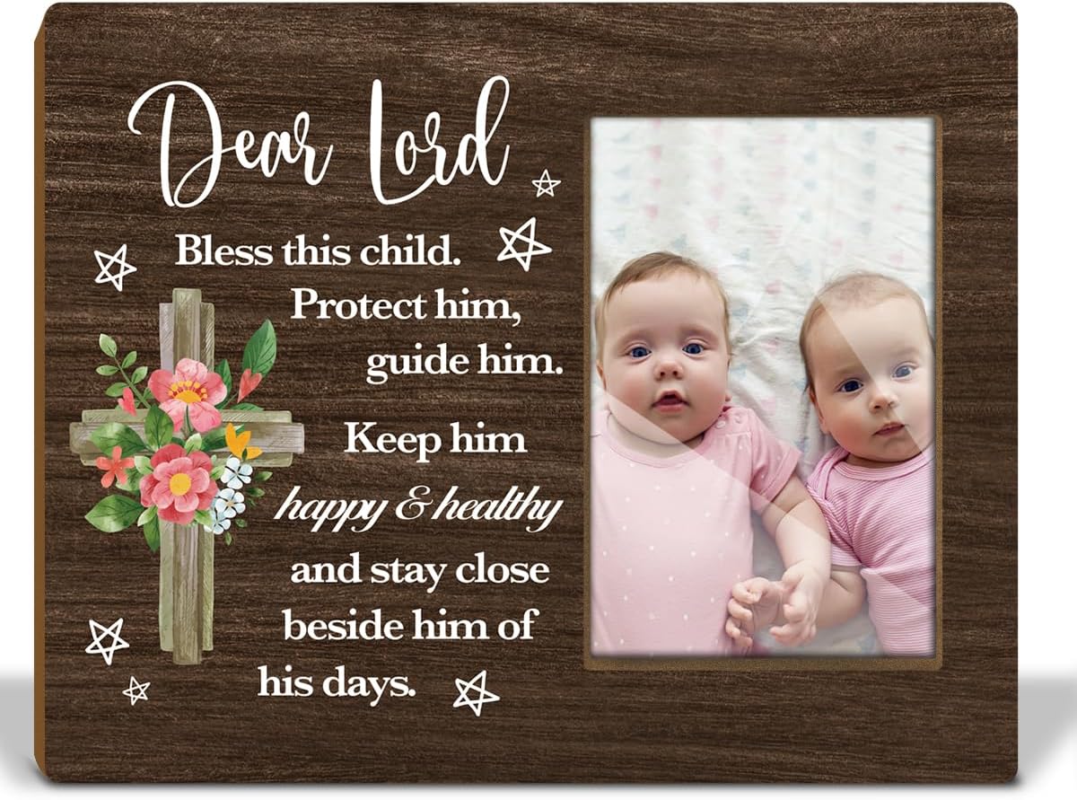 Baptism Gifts Photo Frame, Baptism Gifts for Baby New Mom Woman Friends, Dear Lord Bless This Child Wood Picture Frame for Christening Nursery Decor Keepsake /39 Baptism Picture Frame-4