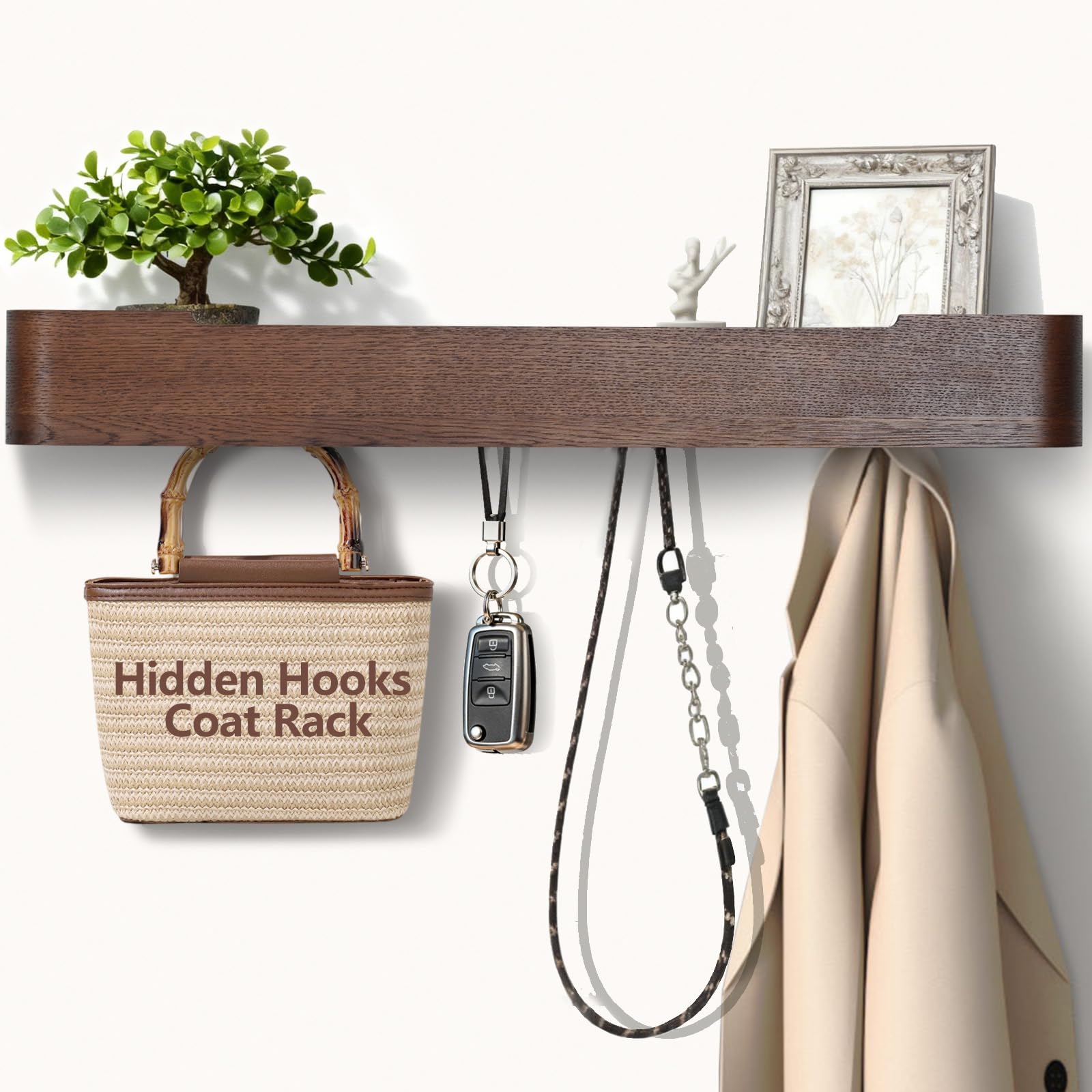 Jadoxy Coat Rack Wall Mount with Shelf 8 Hidden Hooks Modern Wooden Key Holder Entryway Organizer for Hallway Bedroom Bathroom Home Decor Storage for