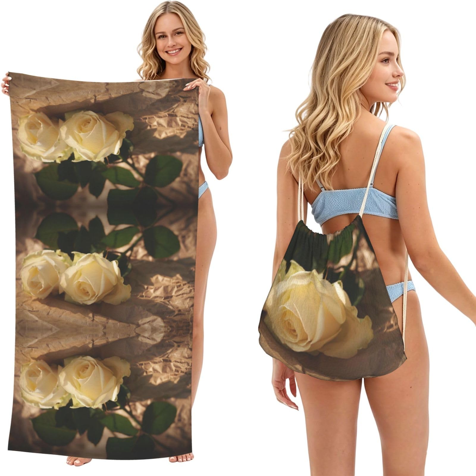 Ezdlowvba Black Romantic Roses Print Beach Towel Backpack 2 In 1 Summer Large Lightweight Beach Towel - Multifunctional Ship Pattern Towel Bag For Storage,Sport