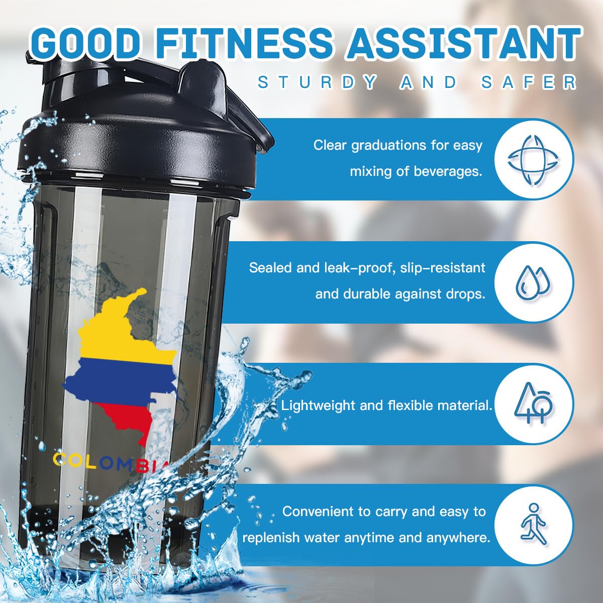 Colombia Flag Map 18 Ounce Shaker Cup,Fashion Theme Pattern Shaker Bottle Leak-proof Workout Shake Bottles 500ML/18 oz Perfect for Pre Workout Black 0