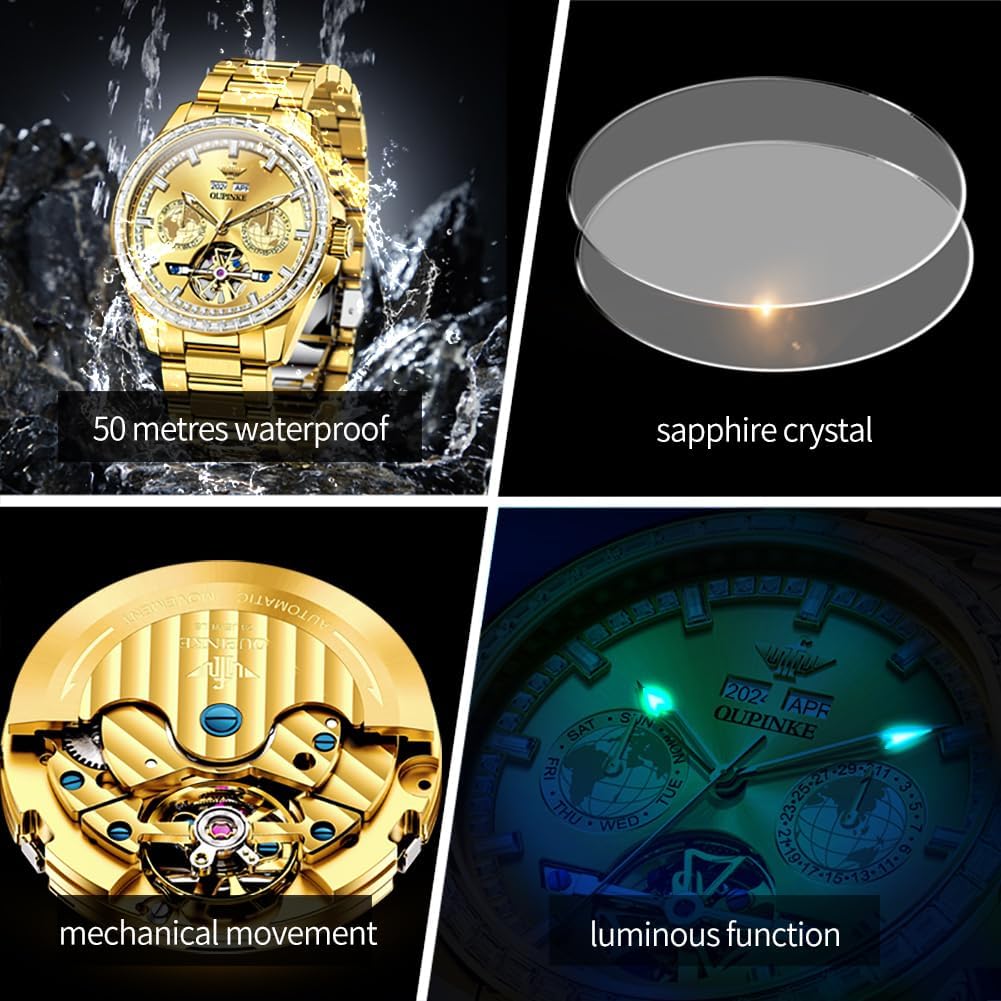 OUPINKE Mens Automatic Watches Diamond Skeleton Self Winding Luxury Dress Wrist Watch Sapphire Crystal Tungsten Steel