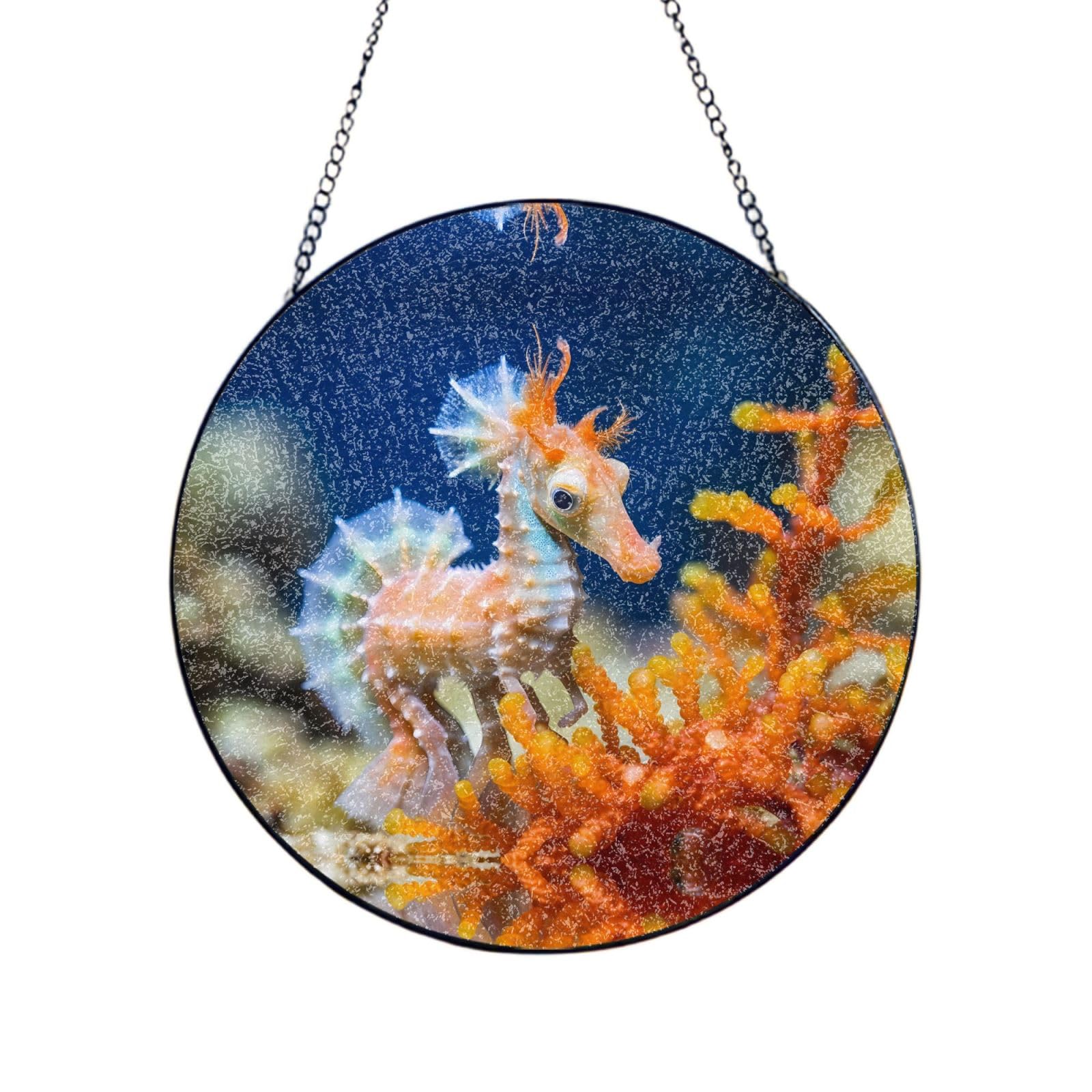 Phayah Seahorse On Coral Ree Print Stained Glass Window Hanging Sun Catchers Decoration Mother'S Day Birthday Gifts For Home Garden Porch 10in（25cm）