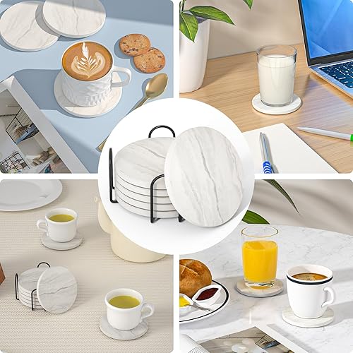 Miniatura 8 de Posavasos absorbentes con soporte, juego de 6 posavasos absorbentes, posavasos de ágata de cerámica con mármol y base de corcho para mesa de café,