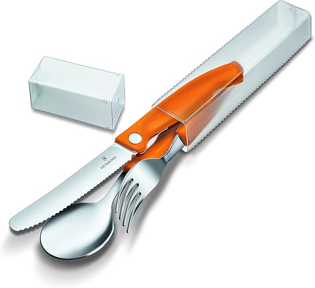 Victorinox, Swiss Classic, Profi Faltbares Tafelbesteck, 3-teilig, Extra Scharfe Klinge, Wellenschliff, 11 cm, Robuster Kunststoffgriff, Rostfreier Stahl, orange