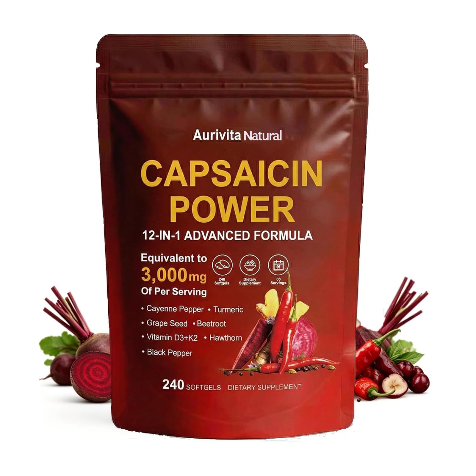 Capsaicin Softgels,aurivita Capsaicin Power，with Vitamin E, D3+K2, Grape Seed, Hawthorn, Beet Root & Berberine Extracts -240 Capsules 1pcs