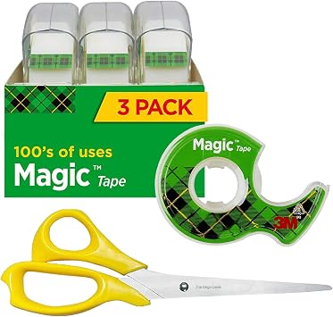 Magic Tape 3 Packs Clear Tape, Magic Tapes with Dispensers, Invisible Tape 1/2 x 450 Inches, and a 8 Inch All Purpose Scissors Gift Pack
