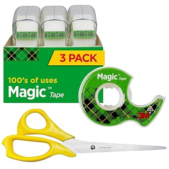 Magic Tape 3 Packs Clear Tape, Magic Tapes with Dispensers, Invisible Tape 1/2 x 450 Inches, and a 8 Inch All Purpose Scissors Gift Pack