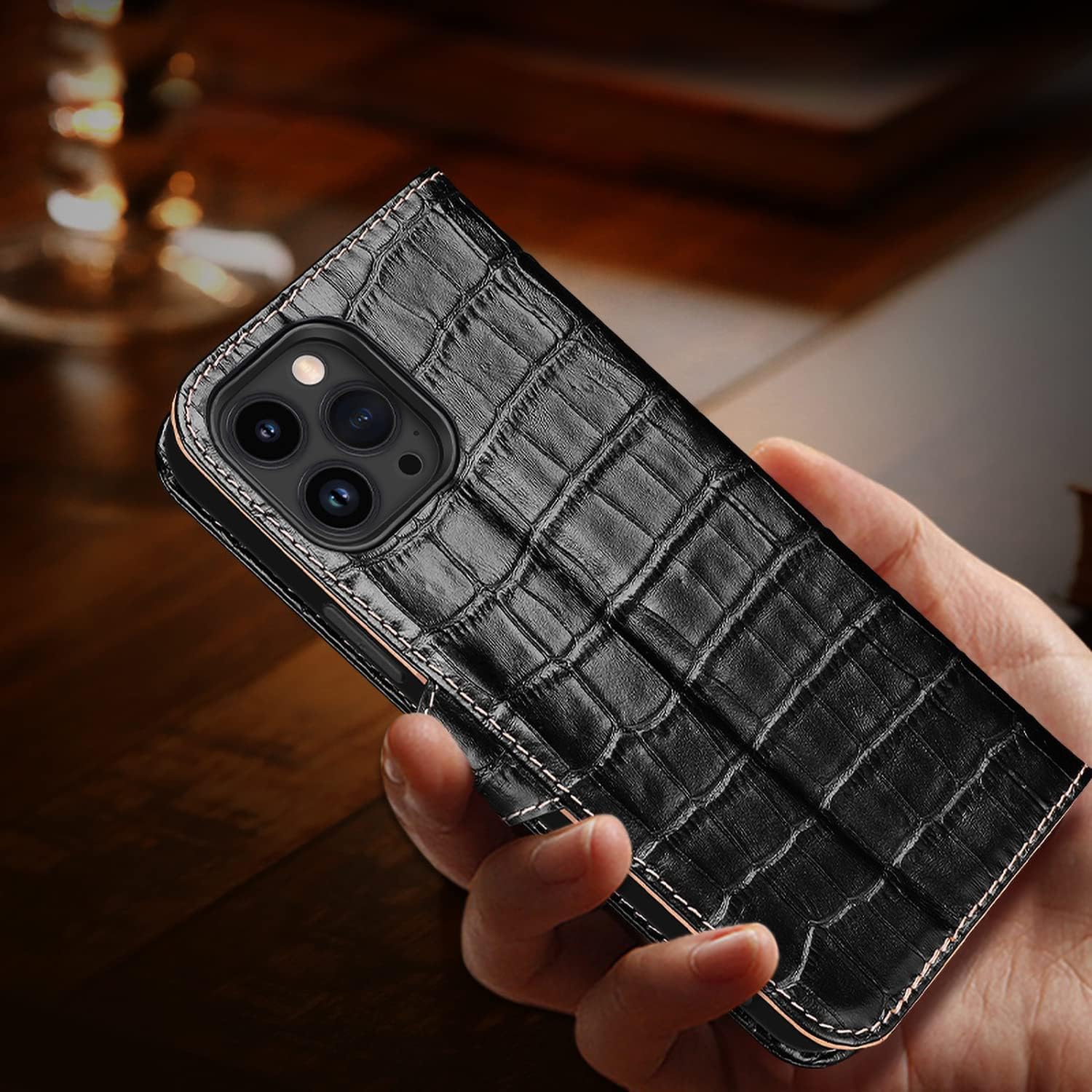 Genuine Leather Wallet Case for iPhone 14 Pro Max,Classic Crocodile Pattern Real Leather Flip Stand Case Cover with Card Slot Blue