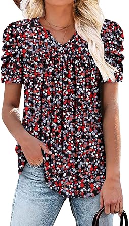 KISSMODA Tops for Womens Summer Cute Short Sleeve Shirts Trendy Notched Neck Blouses Casual Loose Pleated Tunics S-3Xl