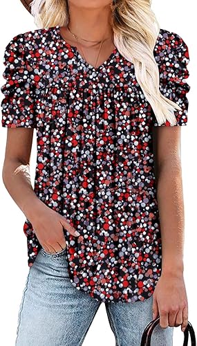 KISSMODA Tops for Womens Summer Cute Short Sleeve Shirts Trendy Notched Neck Blouses Casual Loose Pleated Tunics S-3Xl