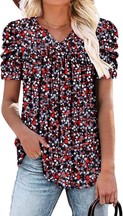 KISSMODA Tops for Womens Summer Cute Short Sleeve Shirts Trendy Notched Neck Blouses Casual Loose Pleated Tunics S-3Xl