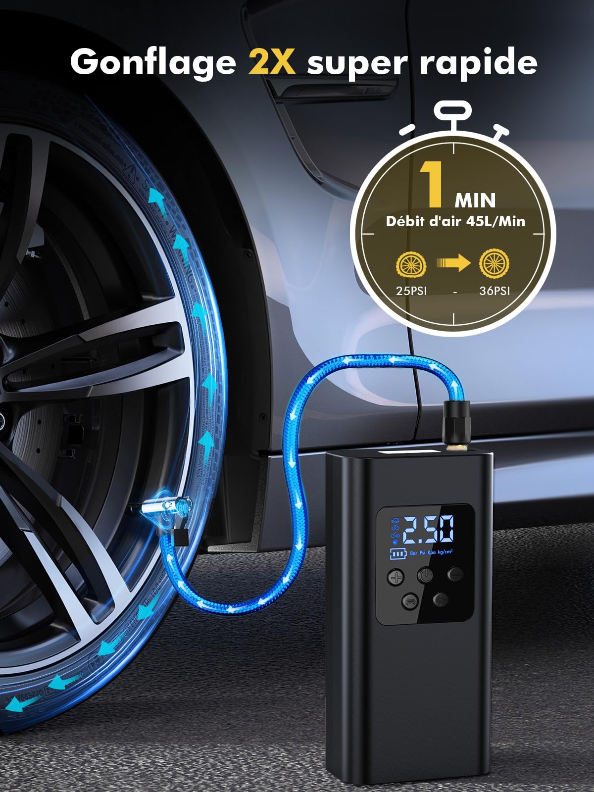 Gonfleur de pneus sans Fil, compresseur d'air Portable 45 L/Min | Pompe à air électrique avec batterie, compresseur pour voiture, moto électrique avec lumière LED, 6000 mAh, 4 modes
