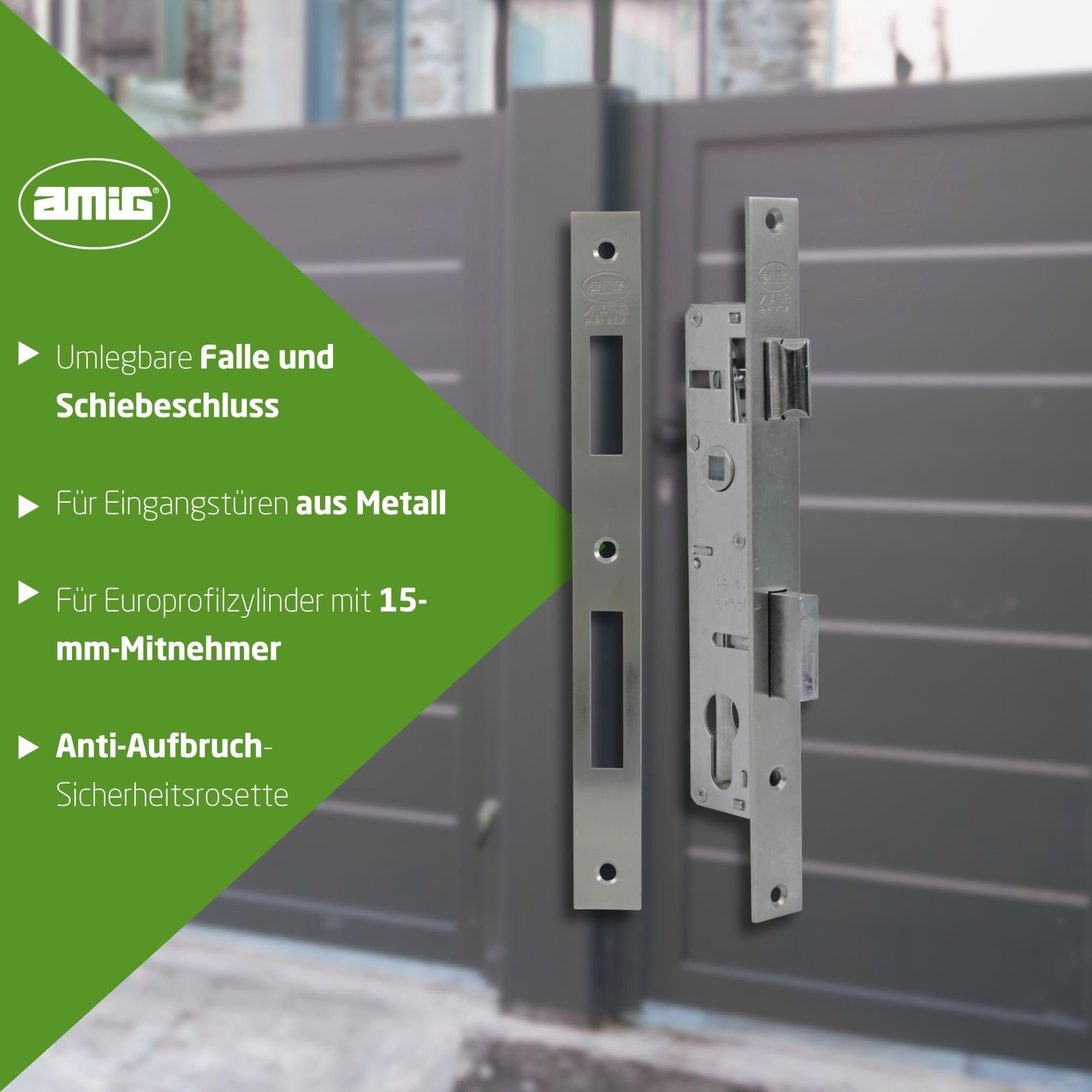 Amig Einsteckschloss für Holzbearbeitung aus Metall - 27 mm - für Zylinder mit Nockenprofil von 15 mm - Wendbarer Türgriff - Edelstahl - Zylinder und Schlüssel nicht enthalten