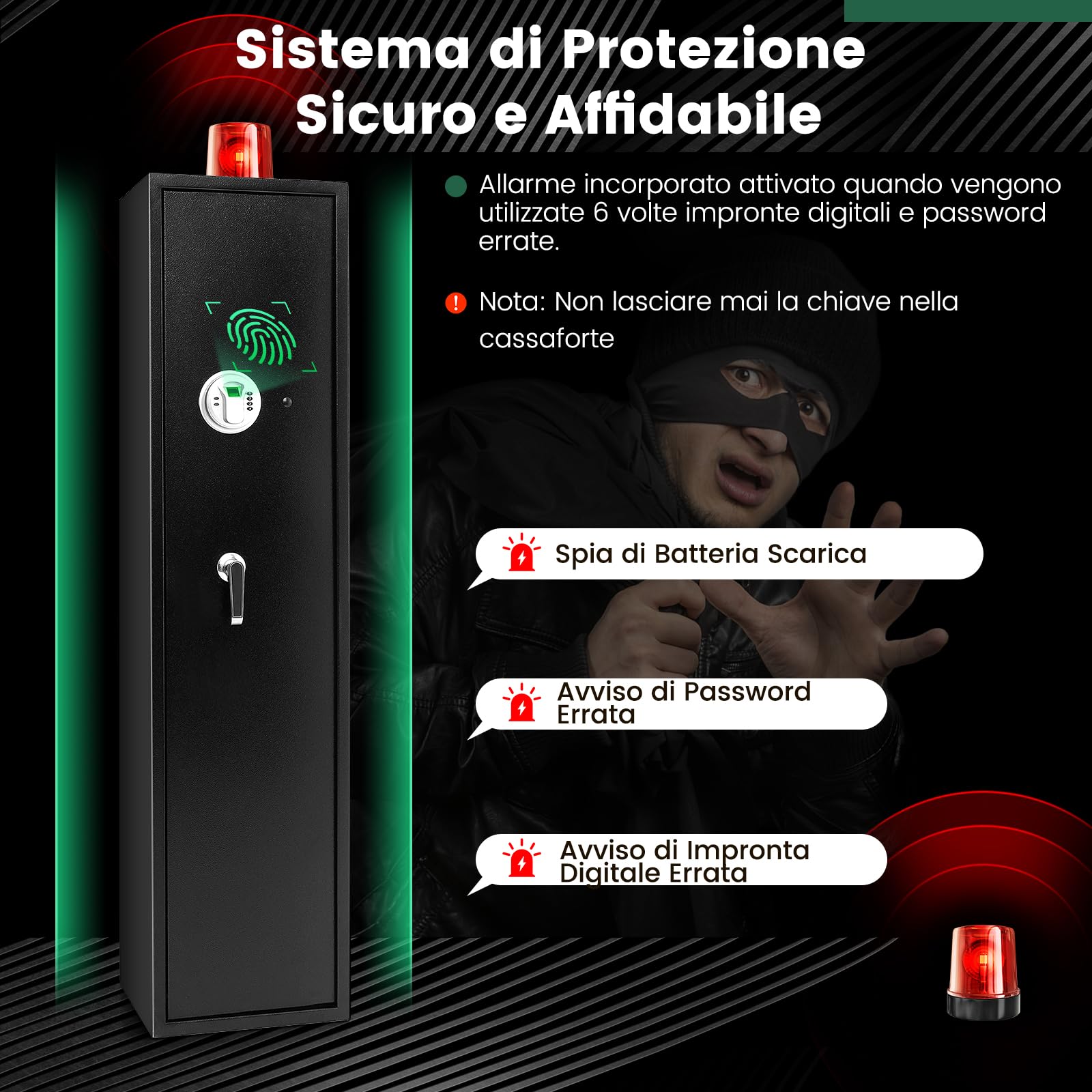 COSTWAY Cassaforte per 5 Fucili e Pistole Domestiche, Armadio per Armi Lunghe Pesante con Serratura Biometrica Impronta Digitale, Tastierino Digitale e Chiavi Emergenza, Tasca di Stoccaggio Integrata