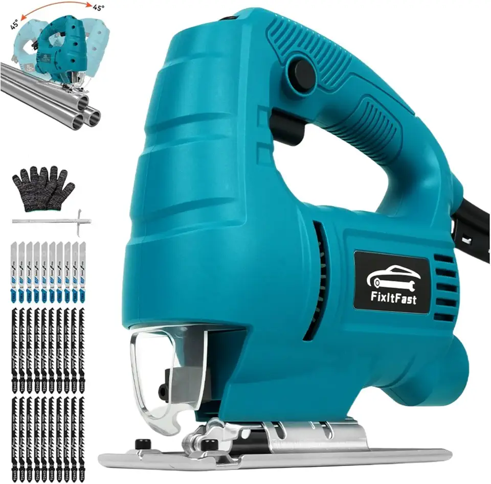 FINYQBET Serra Tico Tico Elétrica 1150W para Cortes Curvos e Retos em Madeira, Aço e Polímeros, com 6 Níveis de Velocidade Ajustável (0-5500 RPM), 45° e Acessórios Completos (110, Volts)