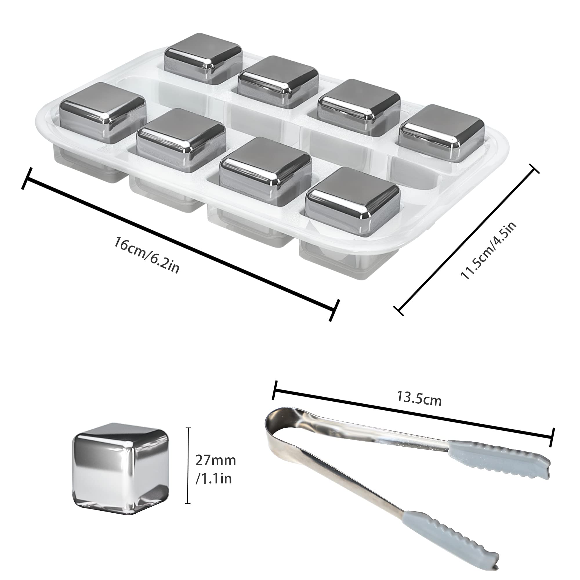 VFANDV 8 Pezzi Cubetti di Ghiaccio Riutilizzabili, Whiskey Stone Ghiaccio Cubetti Set Wisky con Pinze e Scatola, 304 Acciaio Inox Pietre di Whisky per Cocktail, Vino, Frutta, Puree di Frutta, Gelati
