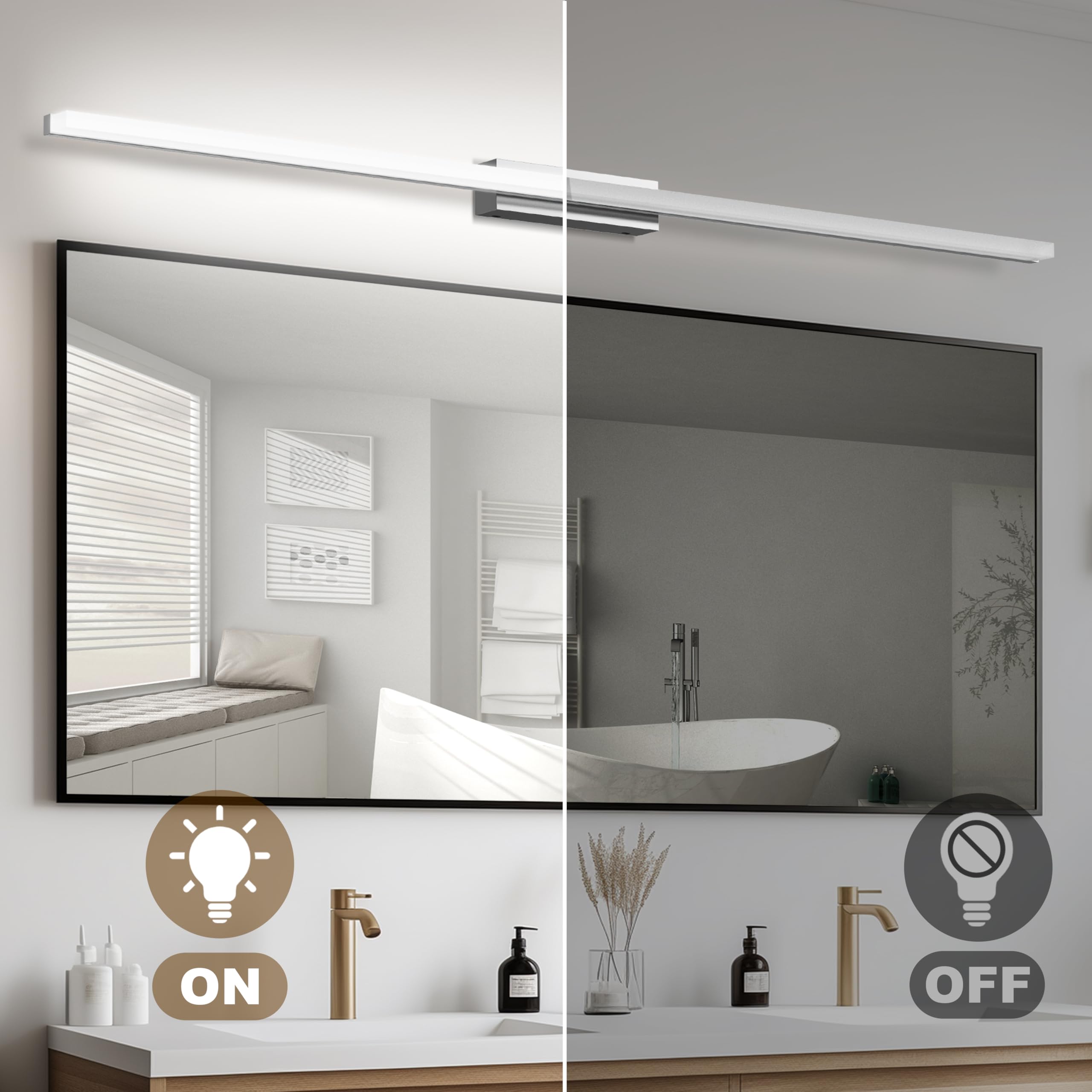Aplique Espejo Baño LED 120cm/24W IP44 Blanco Frío 6000K Luz Espejo Baño | Base De Acero Inoxidable, Pantalla Acrílica, CRI>85, Driver LED Estable, Sin Parpadeo, Diseño Moderno Lámpara Espejo Baño