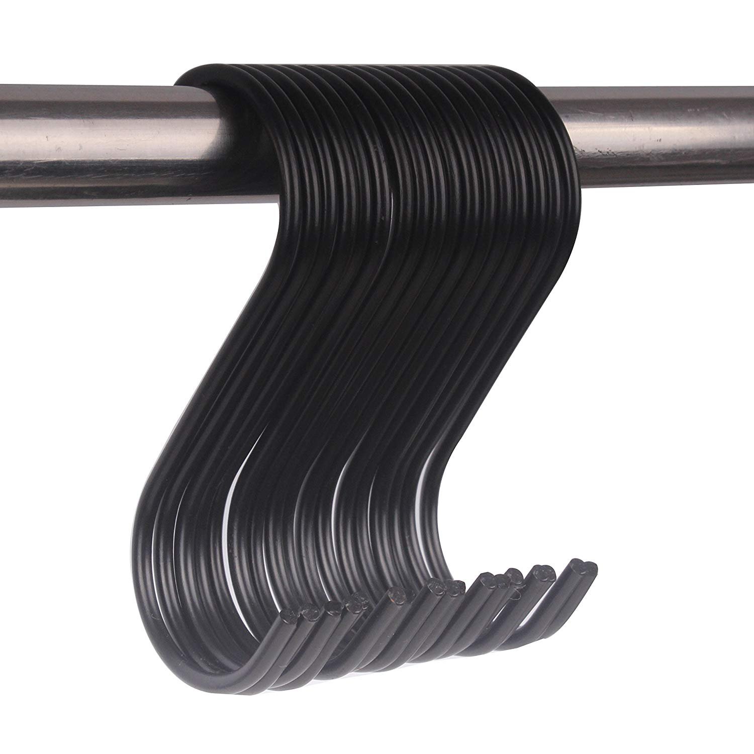 Paquete de 50 ganchos negros en forma de S de acero para colgar en forma de S, ganchos de metal resistentes para colgar ollas de cocina, ganchos de armario, ganchos para plantas para colgar