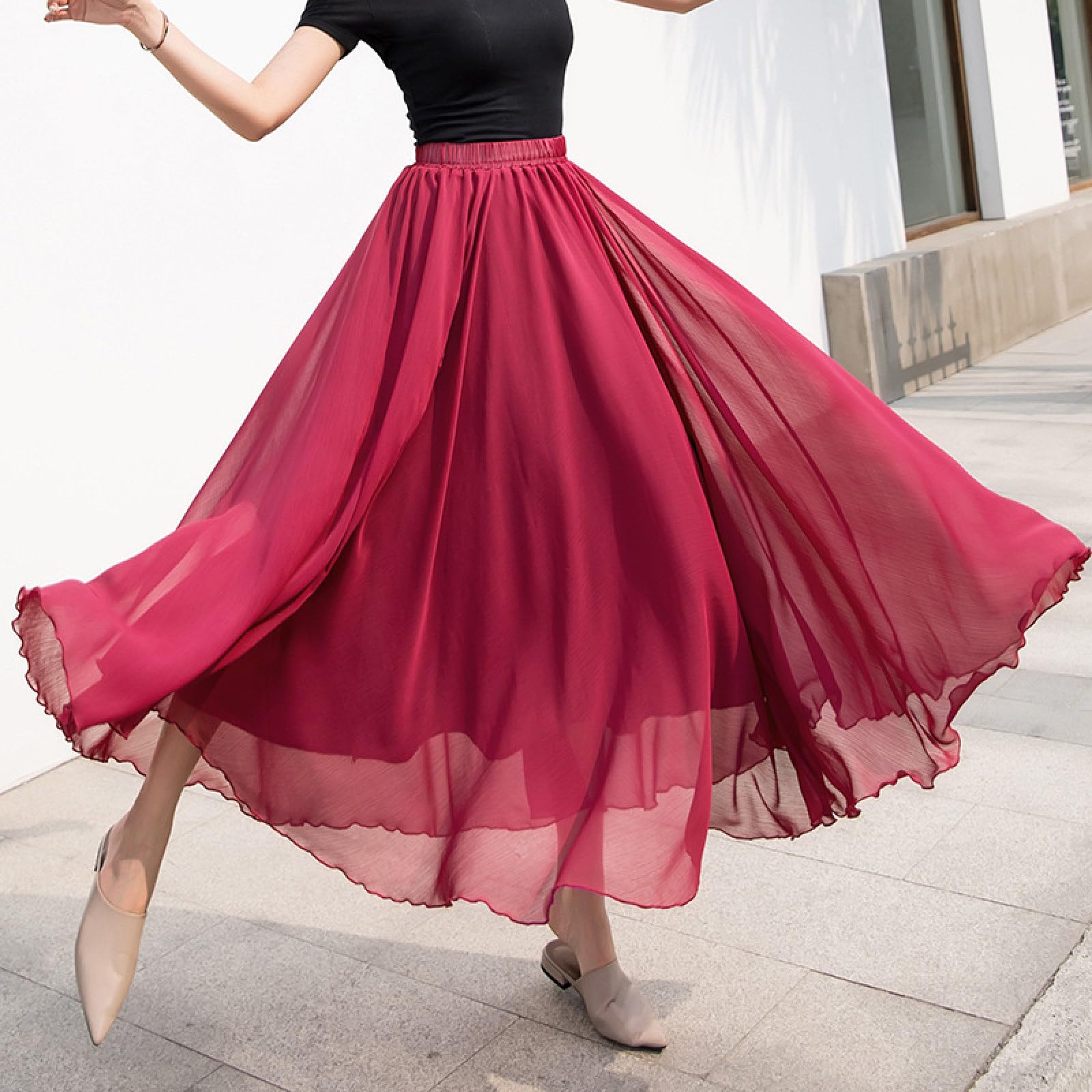 Damen-Tanzrock Mit Hoher Taille – Modischer Und Vielseitiger Schlankheitsrock, Square-Dance-Swing-Rock, Einfarbiger Rock, Modischer, Hautfreundlicher, Weicher A-Linien-Rock, Weinrot, S