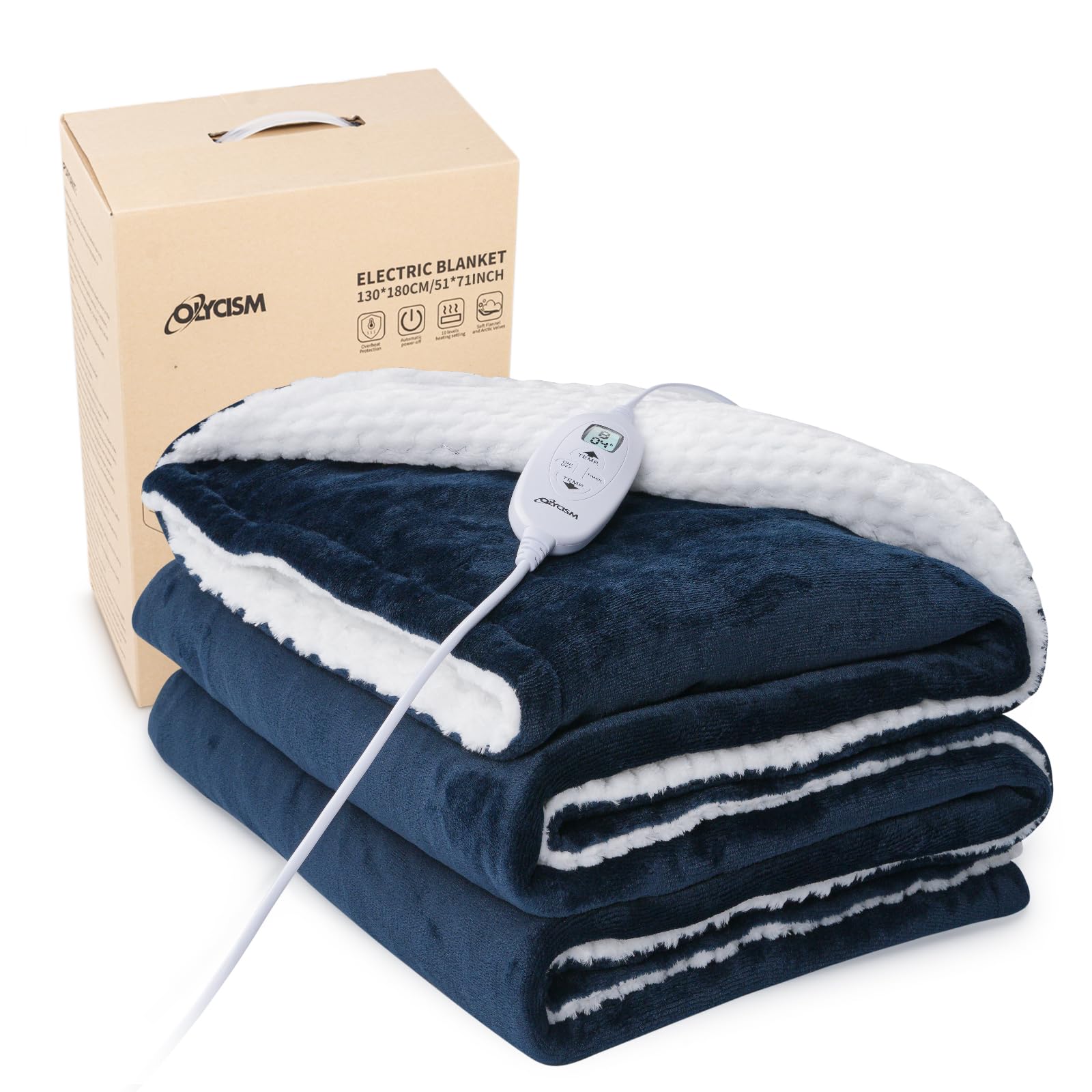 Couverture Chauffante 180x130cm avec Arrêt Automatique 9 Niveaux de Chauffage & 10 Minuteurs Protection Surchauffe Lavable pour Maison & Bureau Bleu Marine