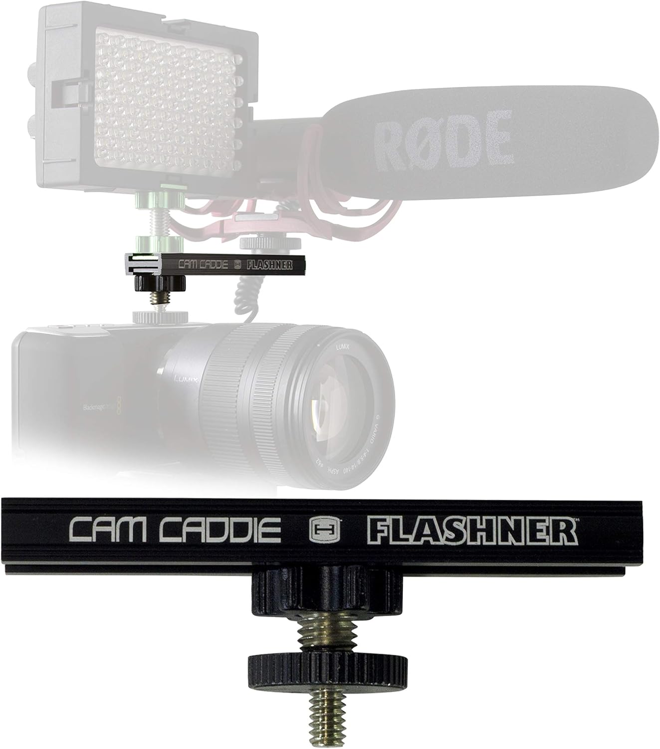 8 Inch Cold Shoe Extension Bracket - Dual Sided Camera Flash Mount with 1/4"-20 Flashner Adapter by Cam Caddie - Black