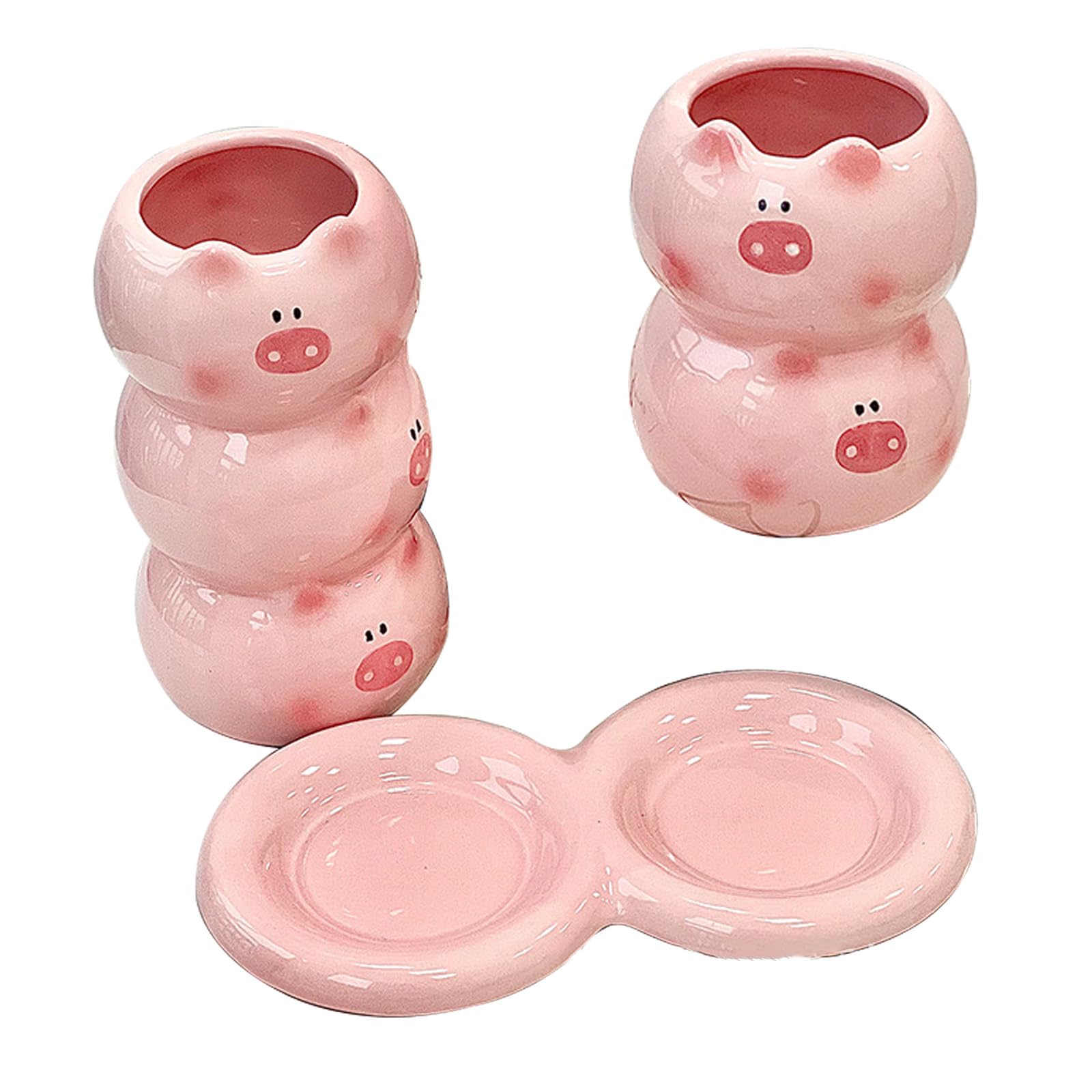 Różowy zestaw 2 uchwytów na przybory kuchenne, ceramiczny uchwyt na przybory kuchenne na blat, z otworami drenażowymi i tacą, w kształcie prosiaczka, 20 cm dł. + 11,4 cm, wys