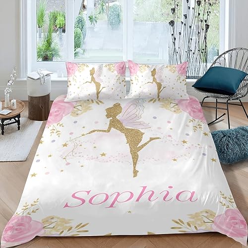 Juego de funda de edredón de 3 piezas con diseño floral y diseño de hada rosa, tamaño Queen, con nombre