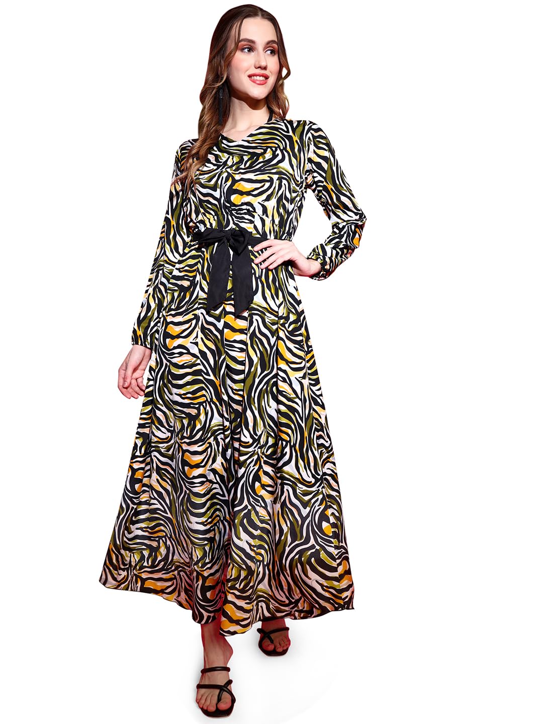 Sheetal AssociatesWomen's Crepe Fit and Flare Printed Full Sleeve V-Neck Casual Dress