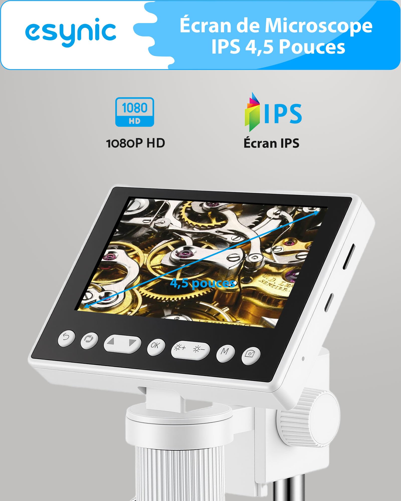 eSynic Microscope Numérique USB 5X-1000X 5MP 1080P avec Écran 4,5 Pouces | Zoom 5X à 1000X, 8 LED Réglables, 2 Projecteurs de Tuyau, Support Réglable, Carte MicroSD 32 Go, Compatible Windows et Mac