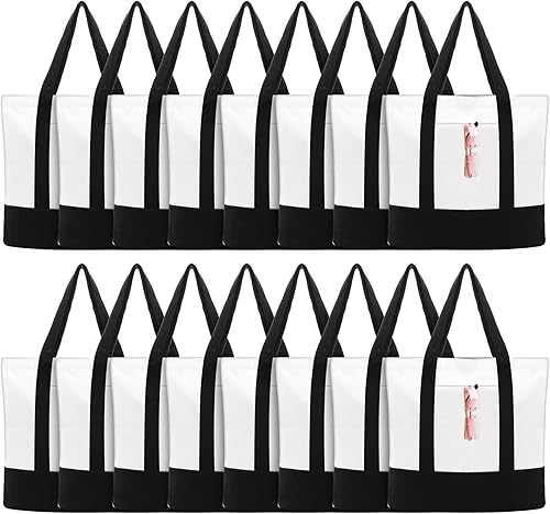 Paquete de 10 bolsas de lona grandes con bolsillo para cocina, reutilizables, a granel, color negro y natural, bolsa de lona lisa para mujeres, para