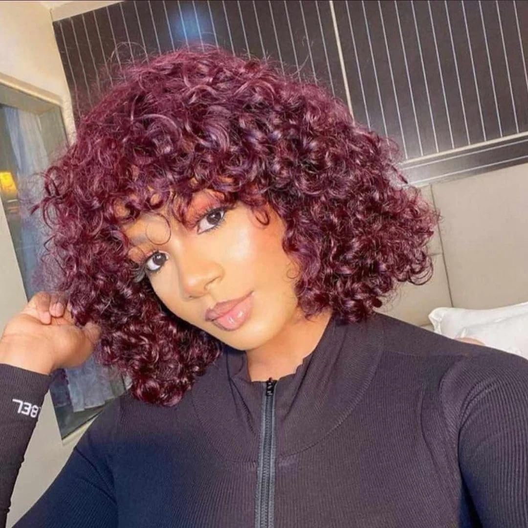 Short Bob Curly Human Hair Wigs with Bangs 99J Burgundy Colored Wear and Go None Lace Front Human Hair Wigs for Black Women 180% Density Pixie Cut Kinky Curly Fringe Bang Wig Human Hair Machine Made Brazilian Unprocessed Virgin Hair Wigs Natural Color 14 inch