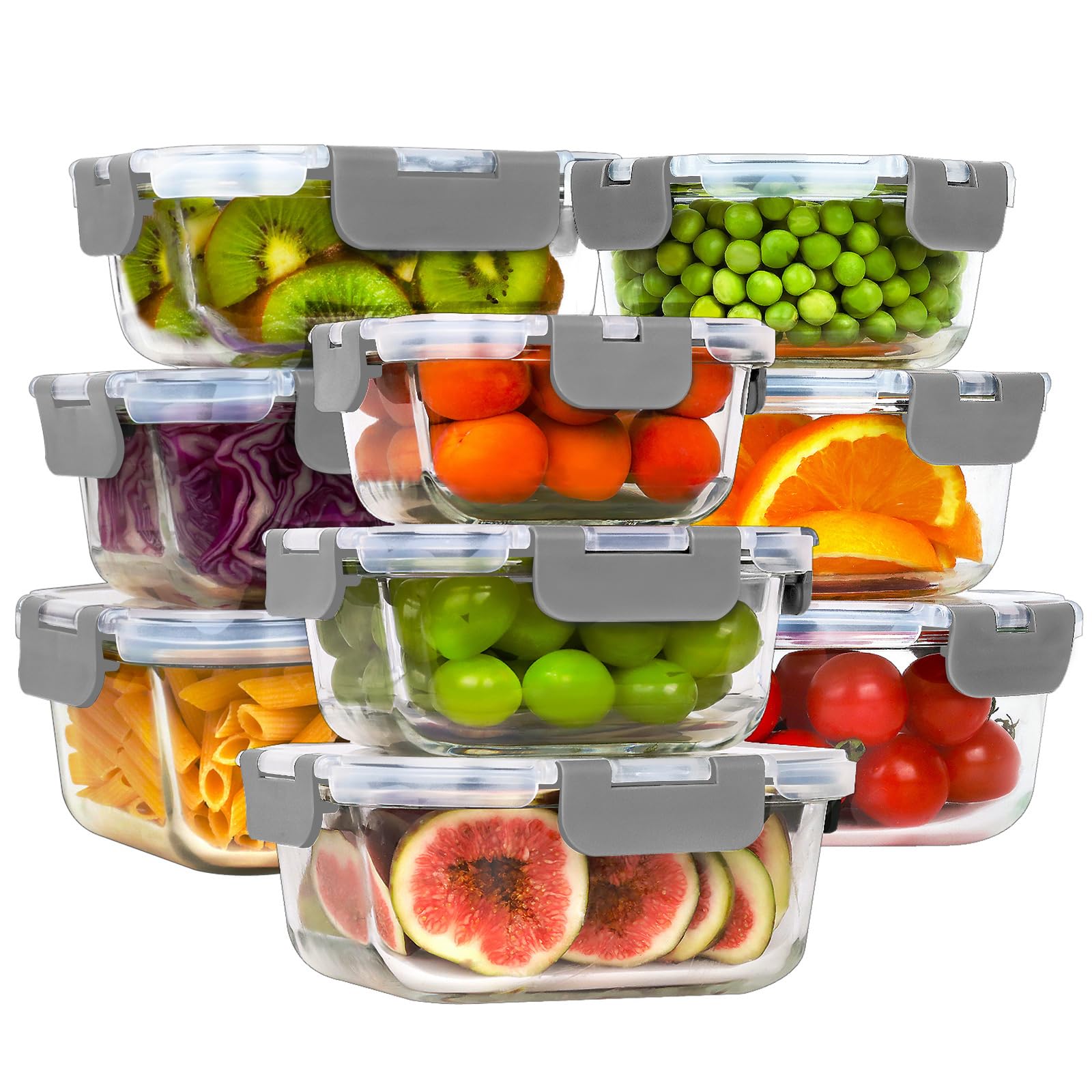 HOMBERKING Frischhaltedosen aus Glas mit Deckel, [18 Stück] Glas-Mahlzeiten-Vorbereitungsbehälter, luftdichte Lunch-Bento-Boxen, BPA-frei & auslaufsicher (9 Deckel & 9 Behälter) - Grau