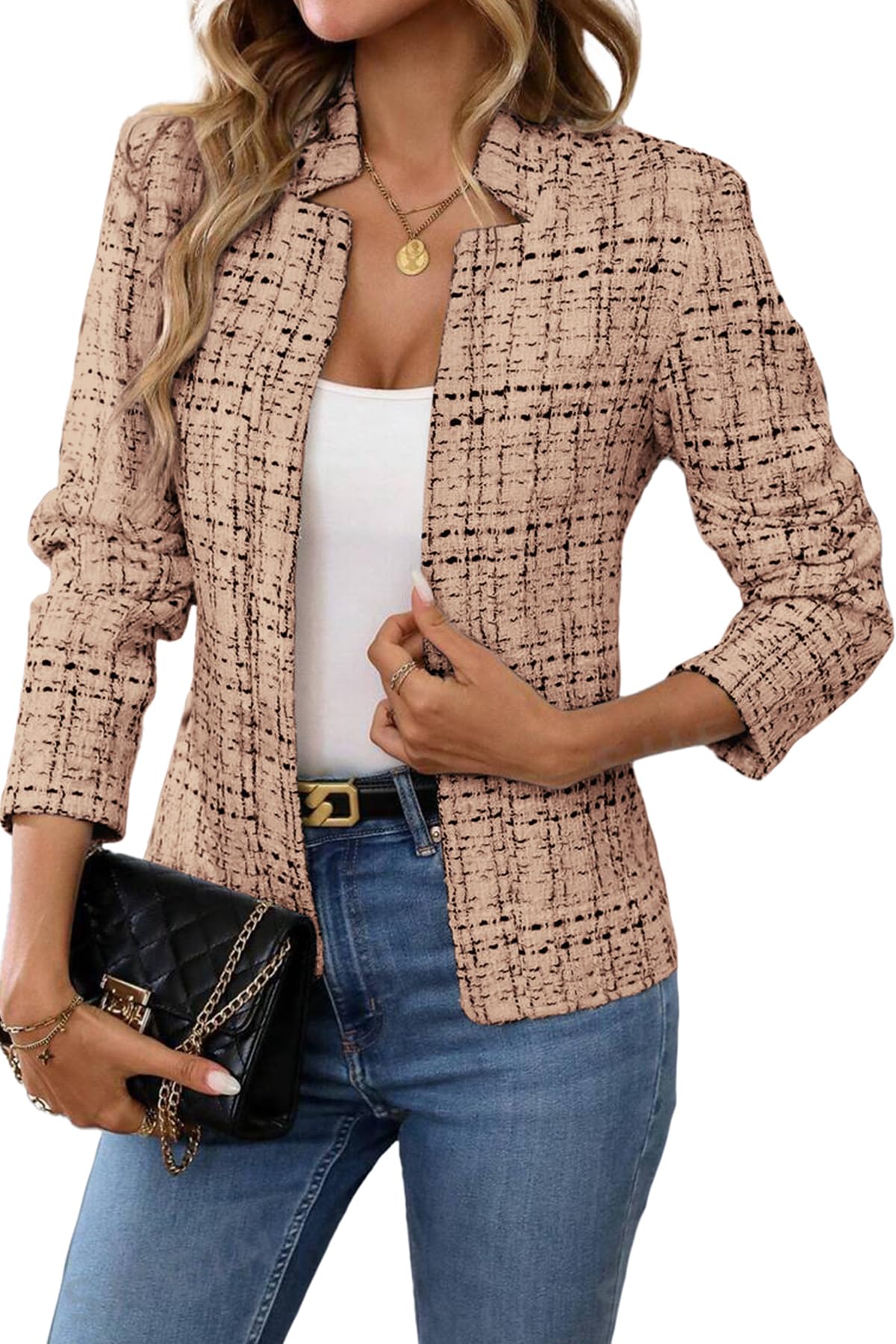Photo 1 of ELLEVEN Womens Blazer Business Casual Suit Jacket Tweed Blazers for Women Slim Fit Fitted Long Sleeve Stand Collar Blazer Dressy Full Lining Coat Cardigan with Padded Shoulder Dark Khaki Small