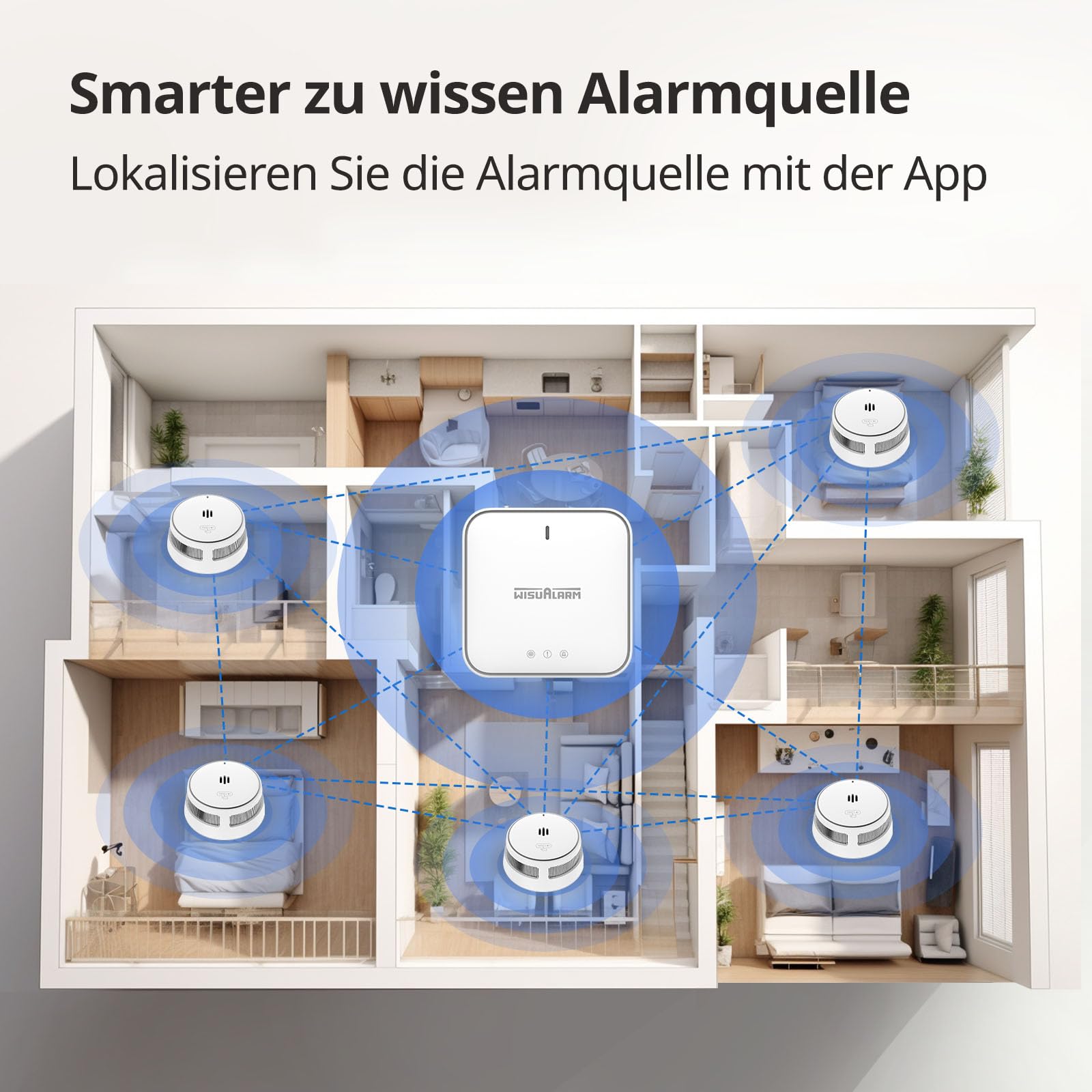 Wisualarm Rauchmelder Vernetzt mit Basisstation (10er Set + 1 Gateway + 10 Magnetpads), Intelligenter Feuermelder mit App für Haus & Büro, 10-Jahres-Batterie, DIN EN 14604 Zertifiziert