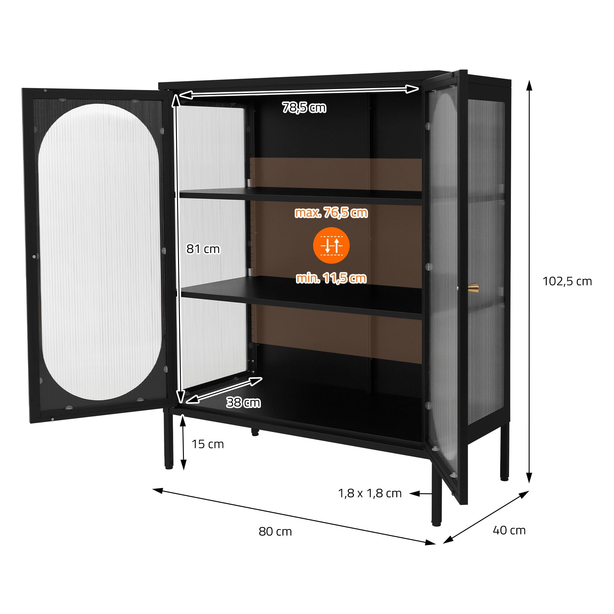 ML-Design Vetrina 80x102,5x40 cm Nero con 3 Ripiani e 2 Ante Mobile da Soggiorno in Metallo Vetrinetta in Acciaio Stile Industriale Cassettiera Libreria Schedario da Terra Credenza