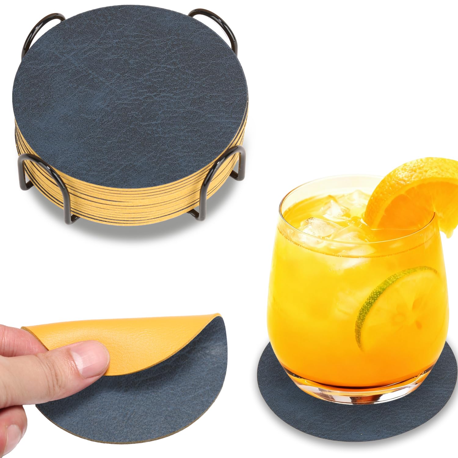 HELI MIAO 16 Stück Untersetzer Gläser, Doppelseitige Glasuntersetzer aus Kunstleder – Rund, rutschfest & hitzebeständig – Inkl. Aufbewahrungsständer (10cm, Blau+gelb) – Für Tisch, Bar, Outdoor