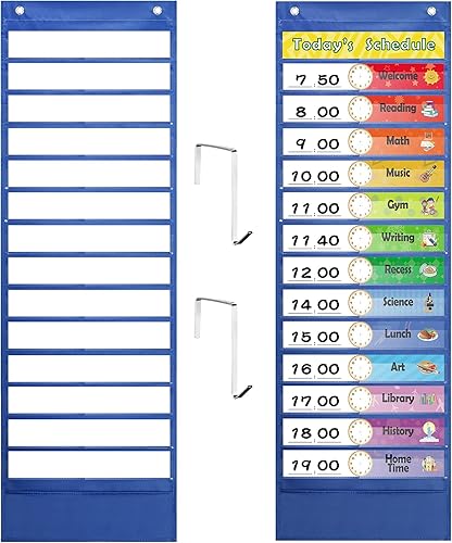 Tabla de bolsillo de horario diario, tabla de bolsillo de horario de aula con 28 tarjetas reutilizables de borrador en seco (14 colores + 14 en
