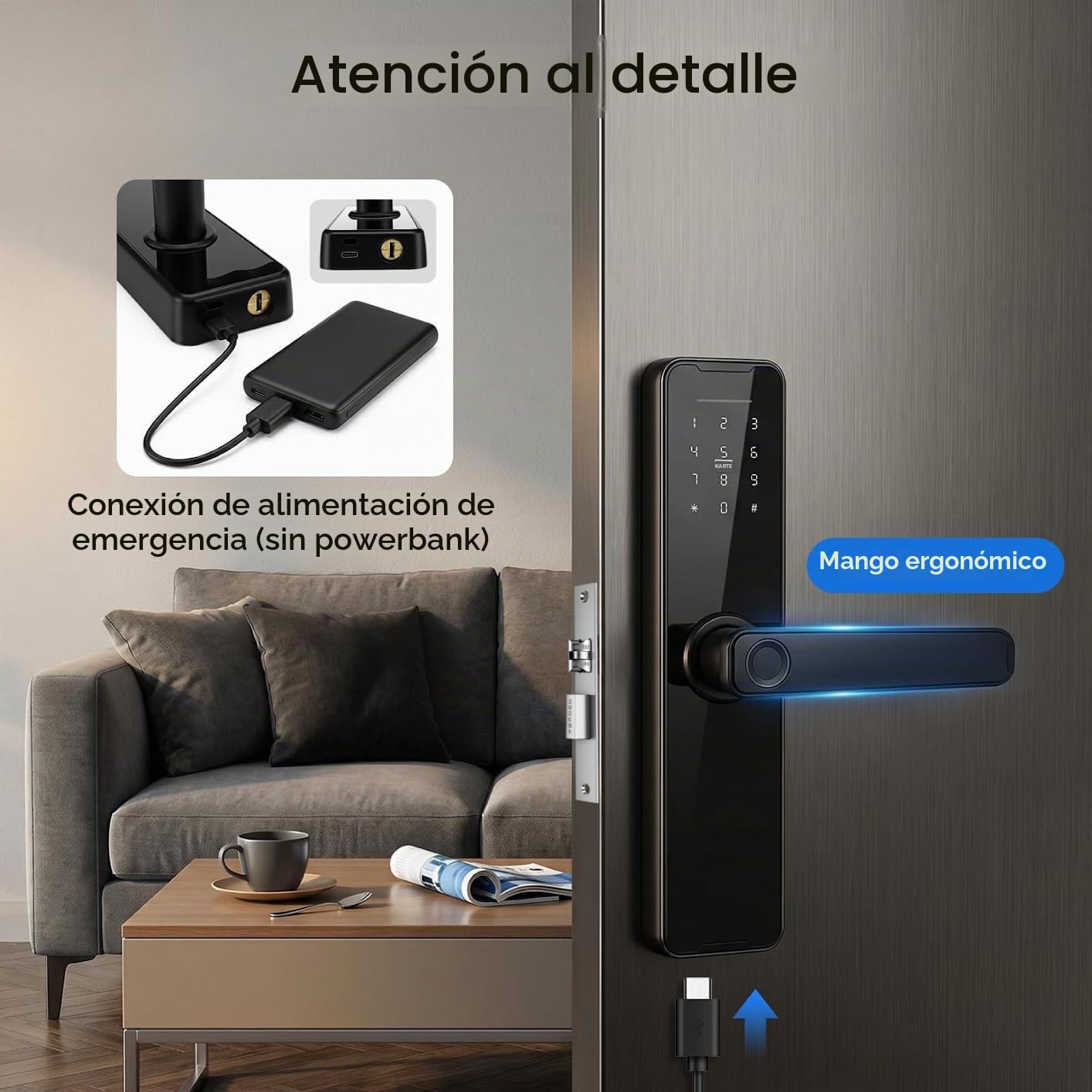 Cerradura de puerta inteligente, 5 en 1, cerradura electrónica inteligente con huella dactilar+código+tarjeta+llave+contraseña temporal, control TUYA APP, para puertas de 30-50 mm (negro)