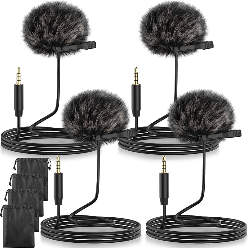 4 Pack Lavalier Lapel Microphone with Furry Windscreen, 3.5mm Compatible with DJI Mic/rode Wired for Smartphone Interview, Video, Broadcasters, Portable Storage Pouch Included, Black