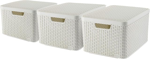 CURVER Set of 3 Boxes with Lids - 3 Crates (3 x 30L) Plastic with Woven Rattan Design for Bathroom, Bedroom, Office - Ergonomic Handles - White