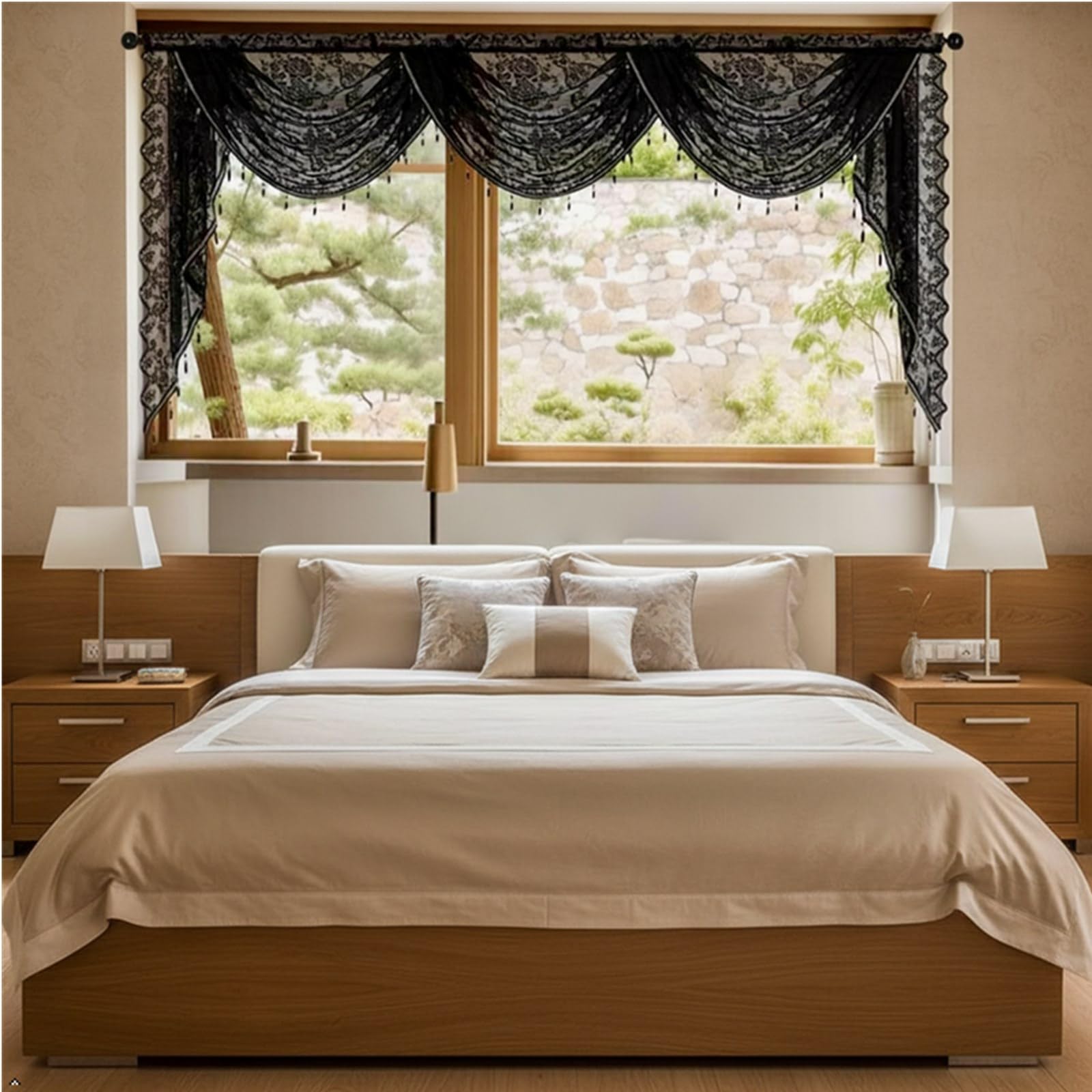 Maritown Black Lace Swag Valance For Windows,1 Panel Kitchen Cafe Net Curtains Floral Semi Sheer Small Short Curtains With Tassel Rod Pocket Voile Curtains For Bedroom Living Room (, 105W X 250H Cm)
