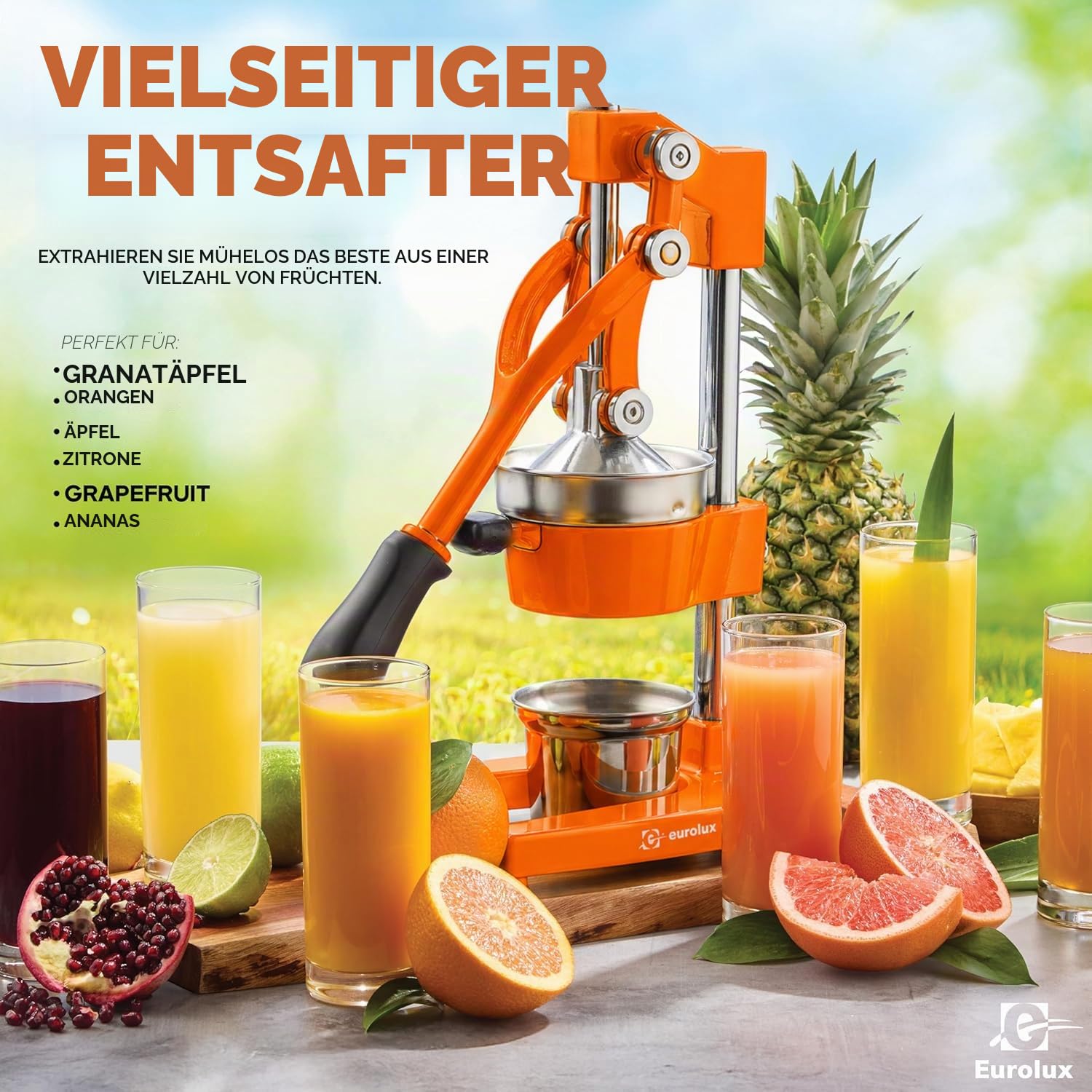 Eurolux Zitruspresse aus Gusseisen | Handelsqualität manuelle Handpresse | Arbeitsplattenpresse für frischen Fruchtsaft (Bonus Edelstahlbecher) (Orange)